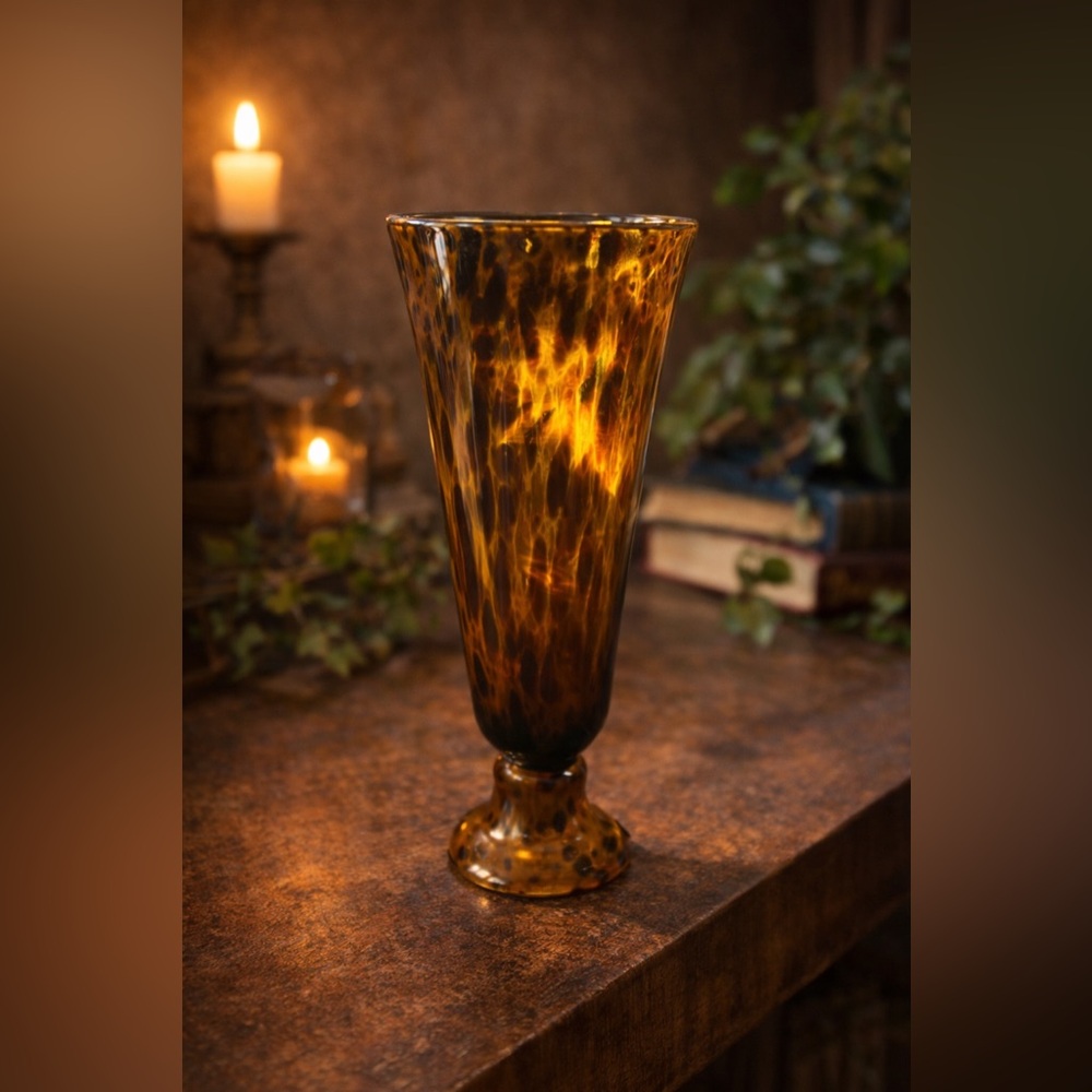 Vintage Handblown Tortoise Shell Art Glass Vase •Tall Mid-Century Speckled Amber